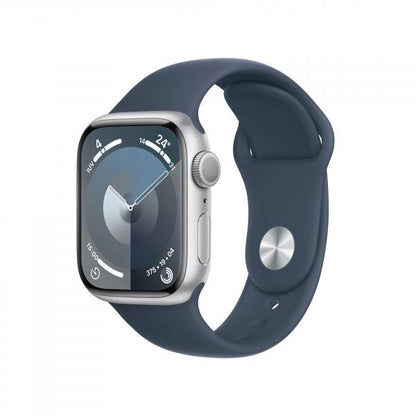 APPLE WATCH SERIES 9 GPS 41MM SILVER ALUMINIUM CASE WITH STORM BLUE SPORT BAND - M/L